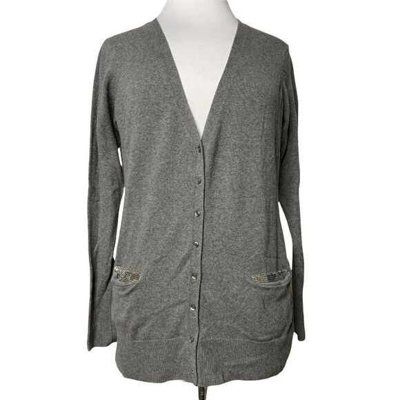 Cache Gray V-Neck Boyfriend Long Cardigan Sweater Sz M Silver Mesh Pocket Detail - Picture 1 of 7